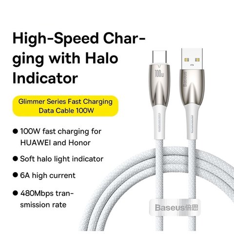 USB Cable Baseus Glimmer, (USB type-A, USB type C, 100 cm, 100 W, white, nylon braided) #CADH000402 Preview 1