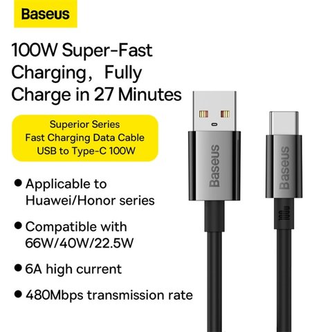 USB кабель Baseus Superior, USB тип-C, USB тип-A, 150 см, 100 Вт, черный, #P10320102114-01 Превью 1